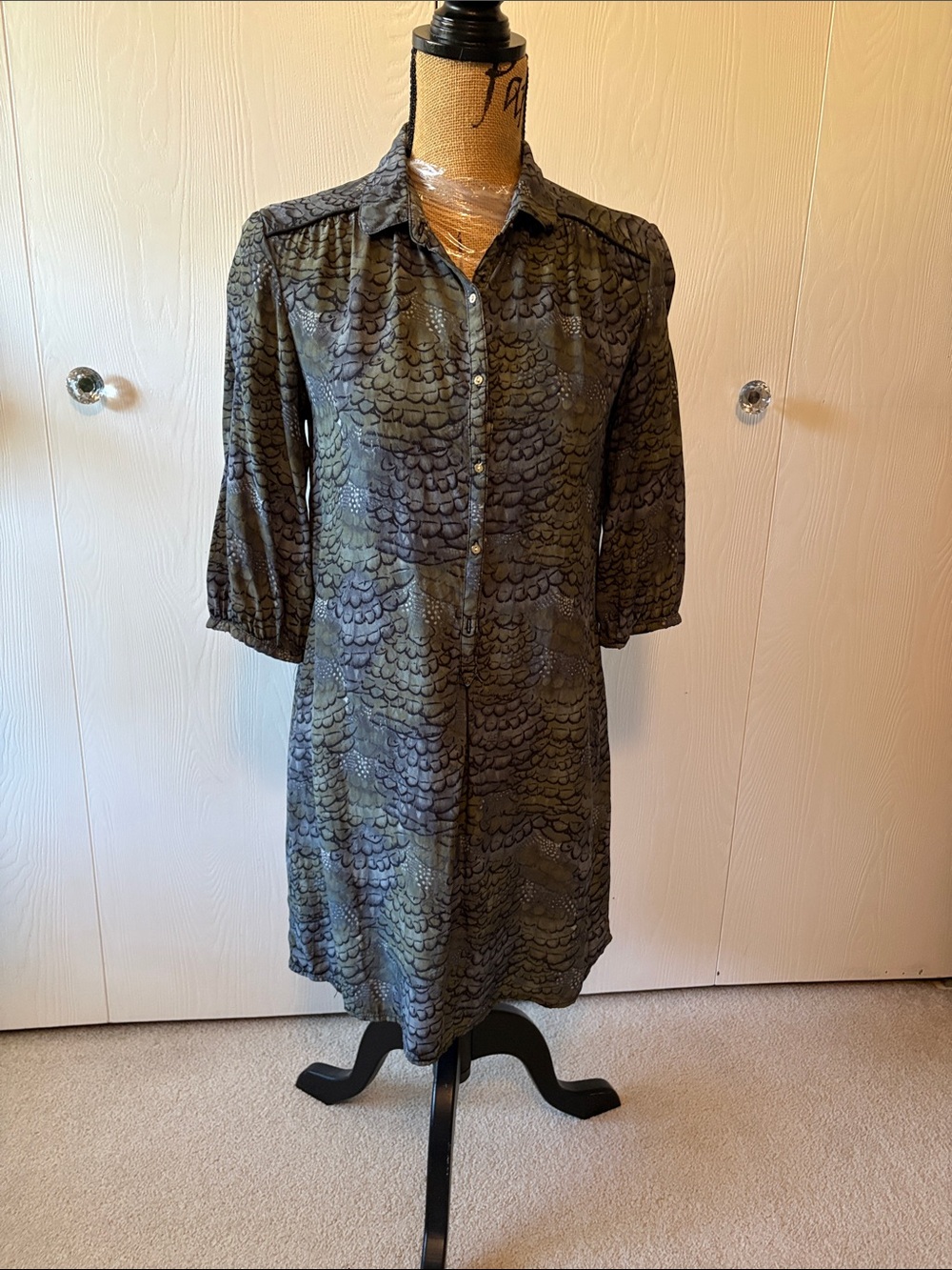Scotch & Soda Olive Green & Charcoal Patterned Shirt Midi Dress